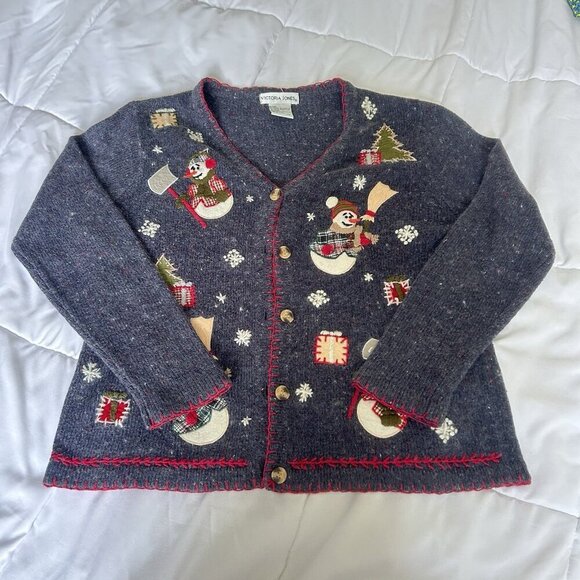 Victoria Jones Sweaters - VTG Victoria Jones Snowman Cardigan Womens S Embroidered Ugly Christmas Sweater
